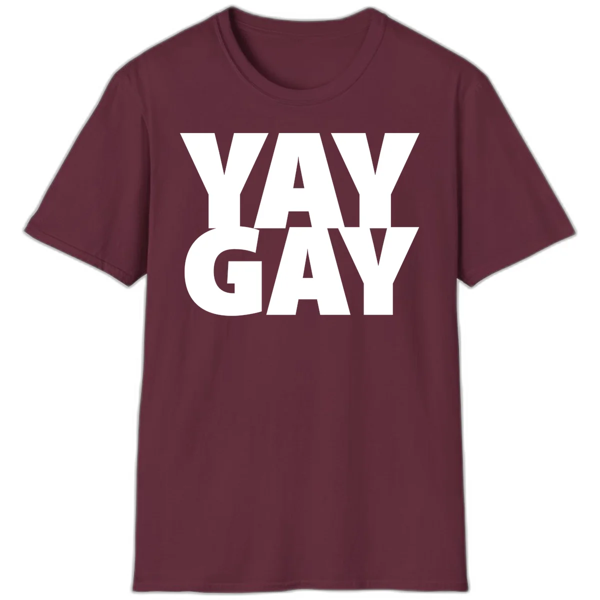 Bold white typography reading "WAY GAY" on gray background, modern pride statement design in Maroon