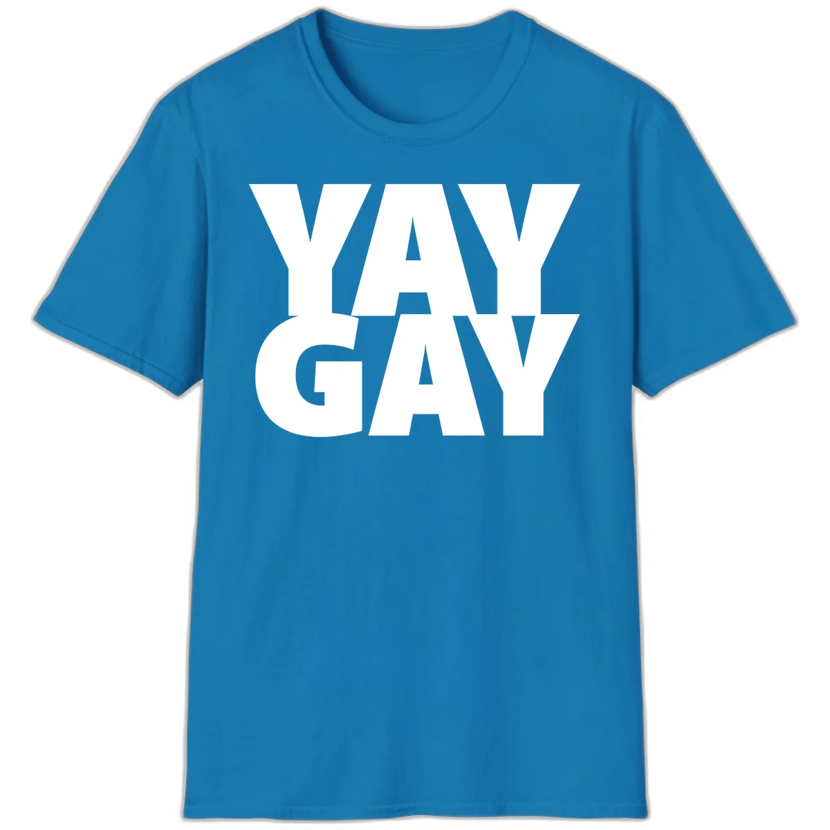 Bold white typography reading "WAY GAY" on gray background, modern pride statement design in Sapphire