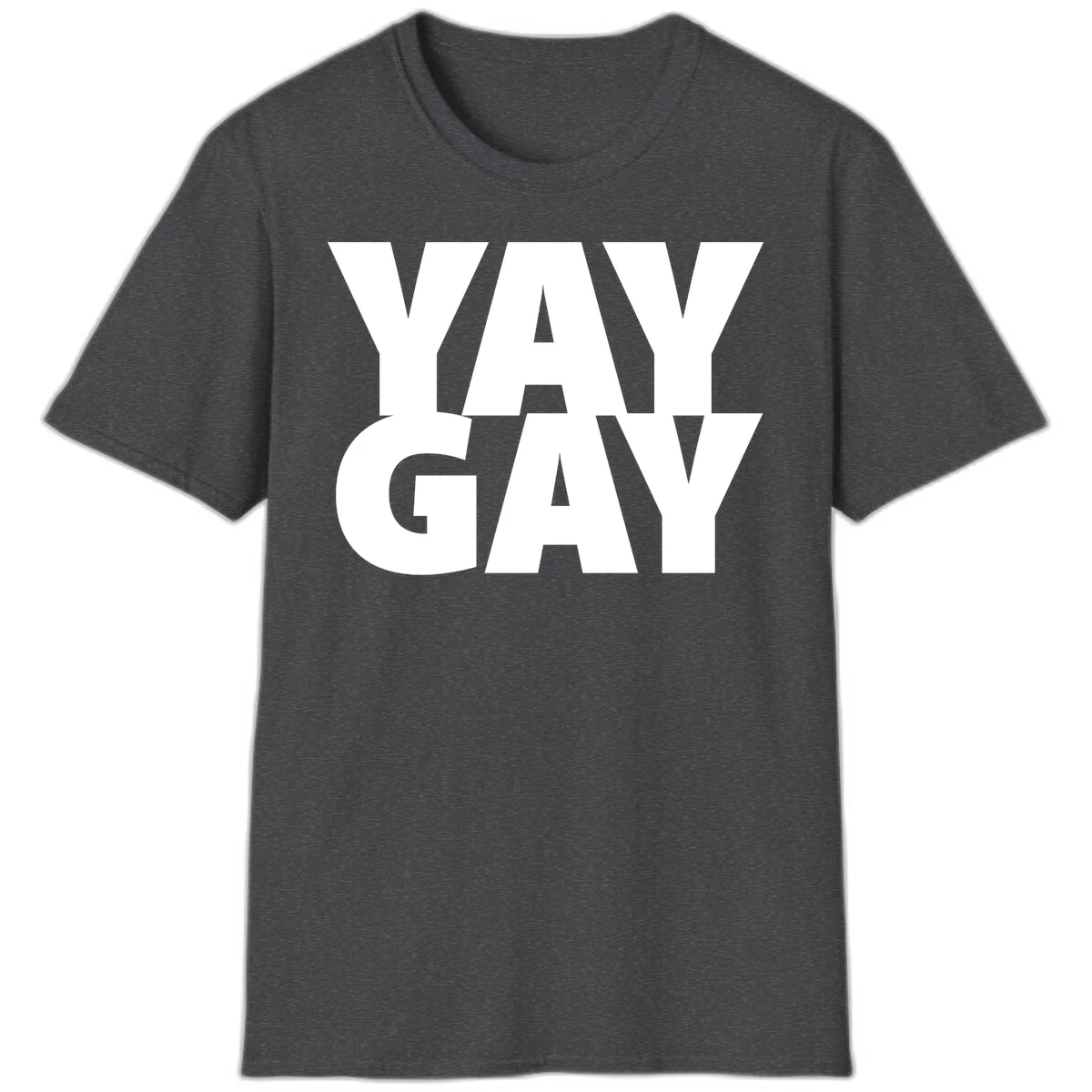 Bold white typography reading "WAY GAY" on gray background, modern pride statement design in Dark Heather