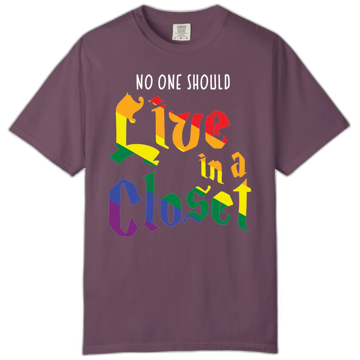 Colorful rainbow typography reading 'NO ONE SHOULD LIVE IN A CLOSET' with letters filled in pride flag colors in Berry