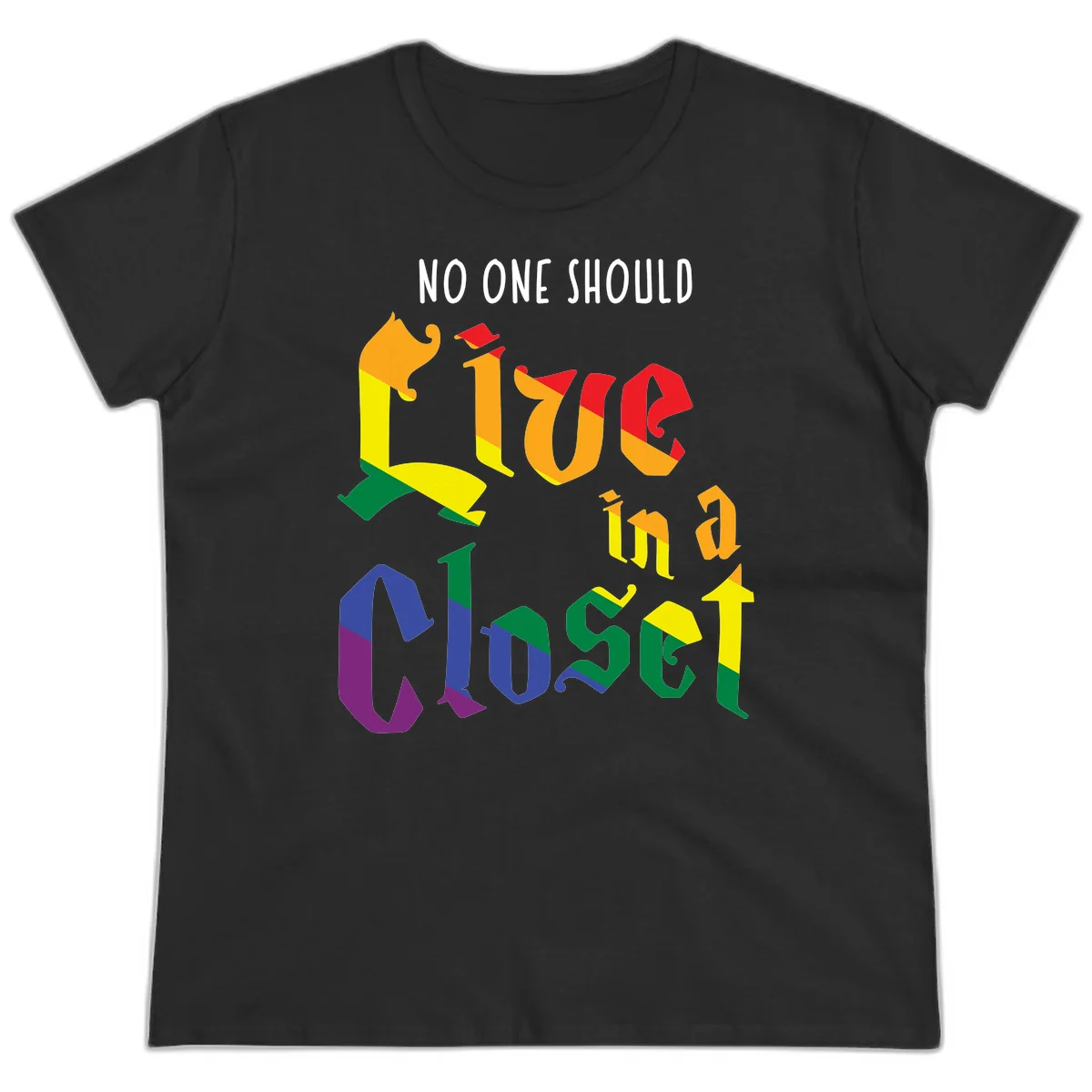 Colorful rainbow typography reading 'NO ONE SHOULD LIVE IN A CLOSET' with letters filled in pride flag colors in Black