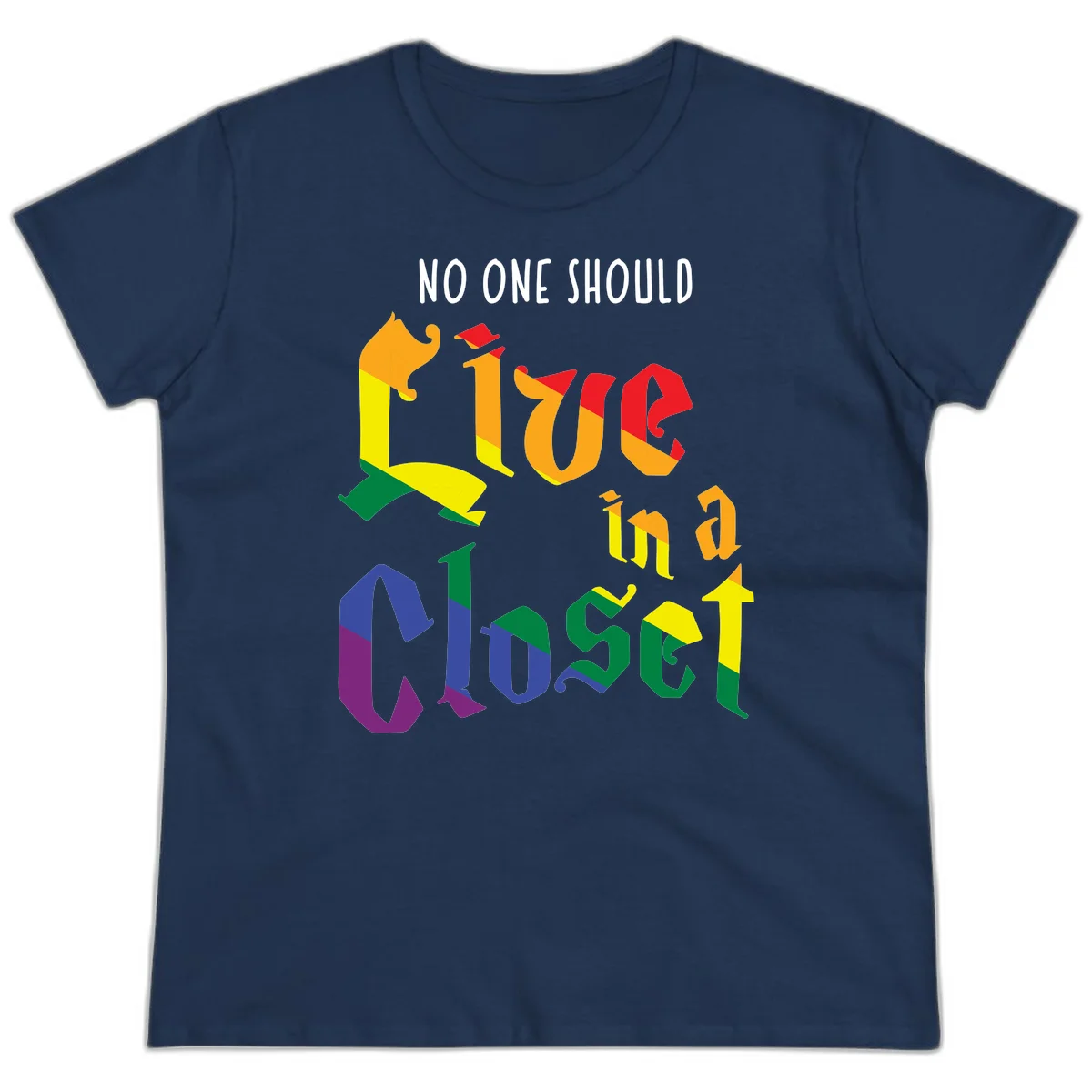 Colorful rainbow typography reading 'NO ONE SHOULD LIVE IN A CLOSET' with letters filled in pride flag colors in Navy