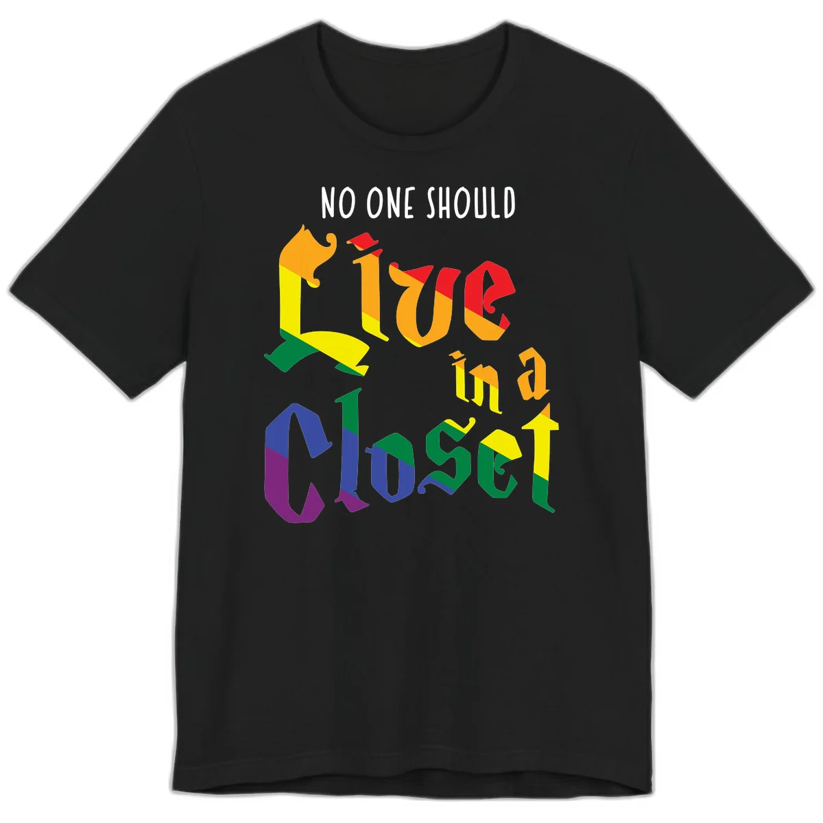 Colorful rainbow typography reading 'NO ONE SHOULD LIVE IN A CLOSET' with letters filled in pride flag colors in Black