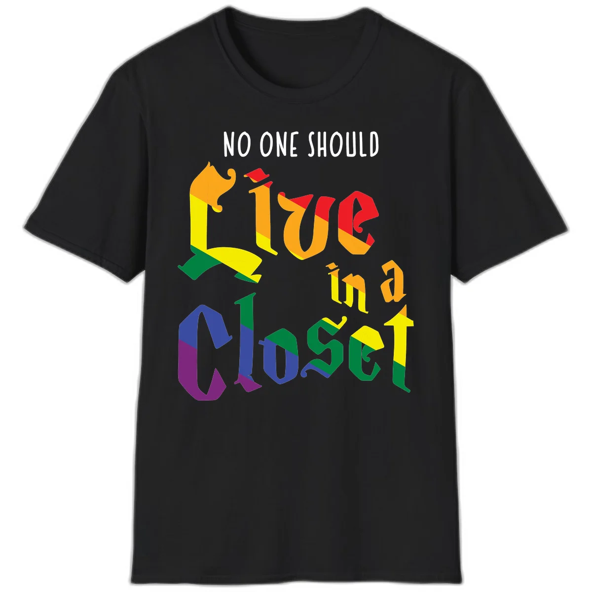 Colorful rainbow typography reading 'NO ONE SHOULD LIVE IN A CLOSET' with letters filled in pride flag colors in Black