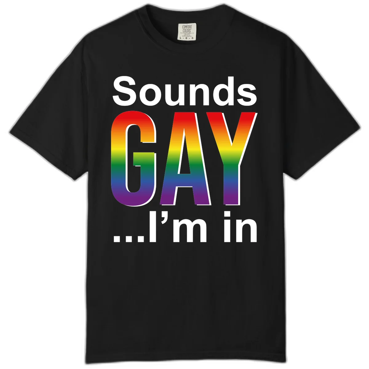 Sounds Gay I'm In design featuring large rainbow gradient letters spelling out the phrase against a gray background in Black