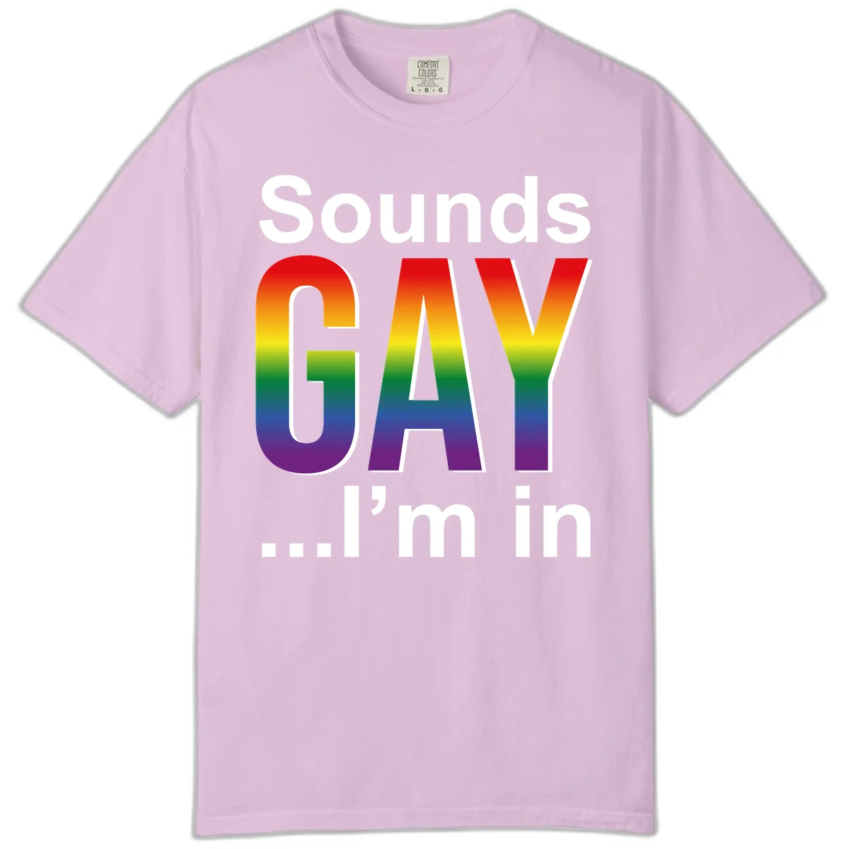 Sounds Gay I'm In design featuring large rainbow gradient letters spelling out the phrase against a gray background in Orchid