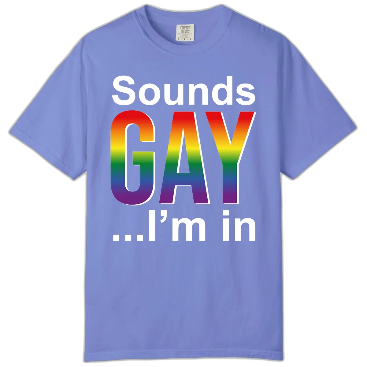 Sounds Gay I'm In design featuring large rainbow gradient letters spelling out the phrase against a gray background in Flo Blue