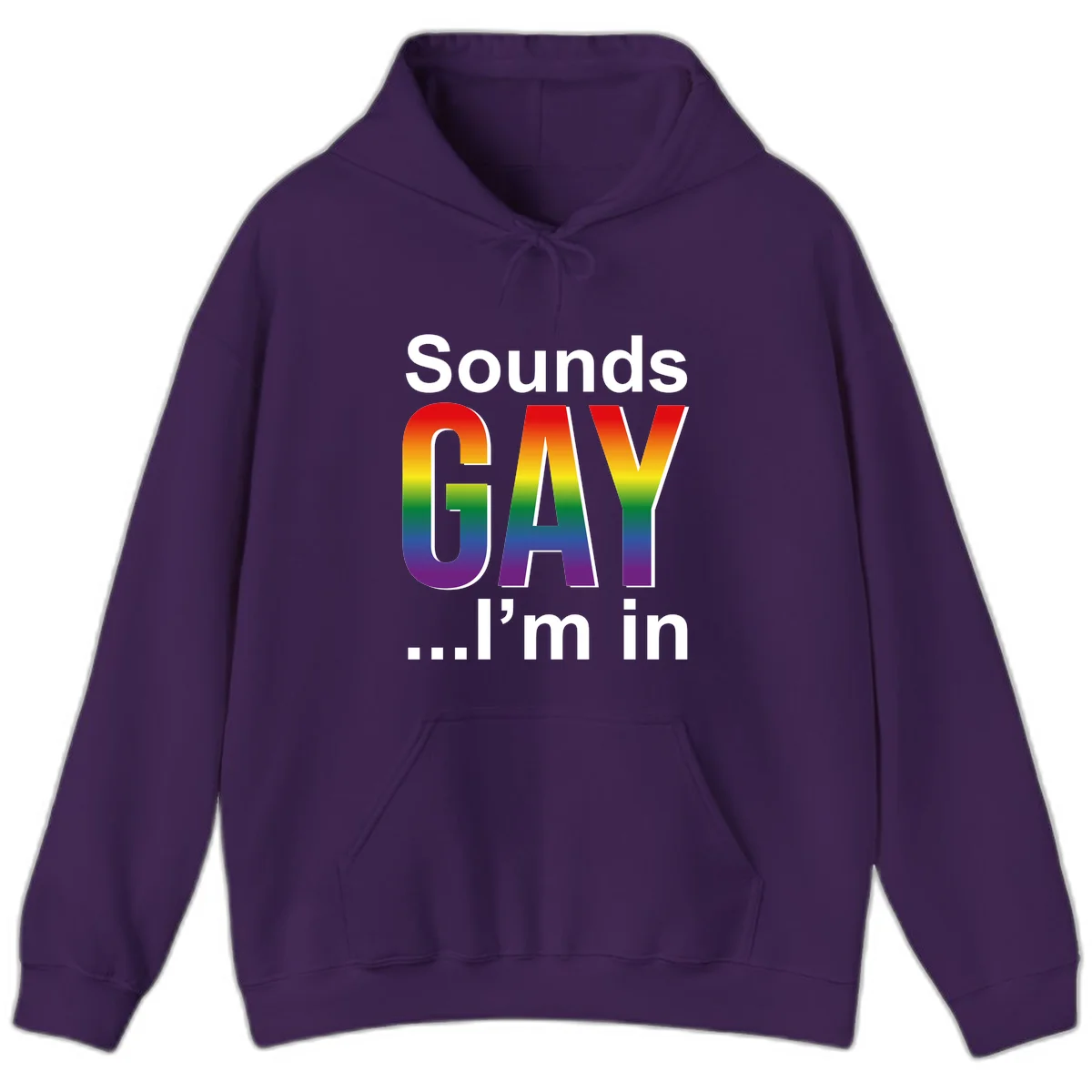 Sounds Gay I'm In design featuring large rainbow gradient letters spelling out the phrase against a gray background in Purple