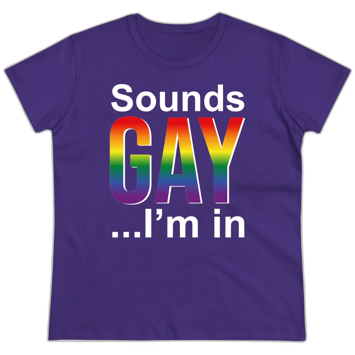 Sounds Gay I'm In design featuring large rainbow gradient letters spelling out the phrase against a gray background in Purple