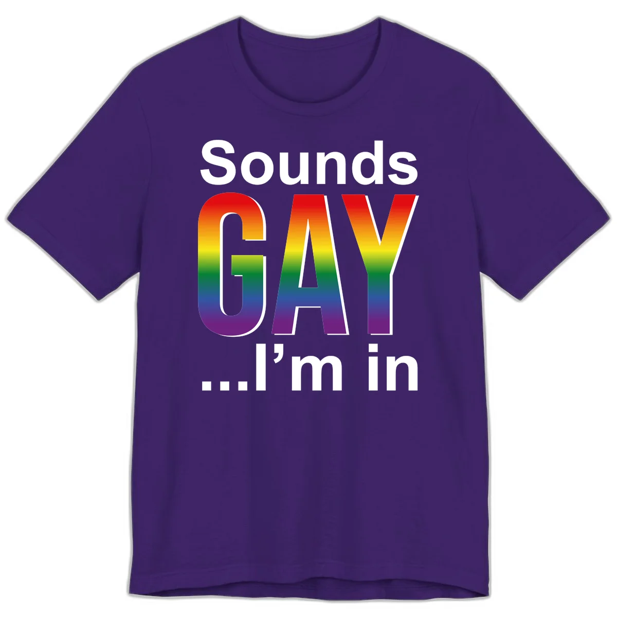 Sounds Gay I'm In design featuring large rainbow gradient letters spelling out the phrase against a gray background in Team Purple