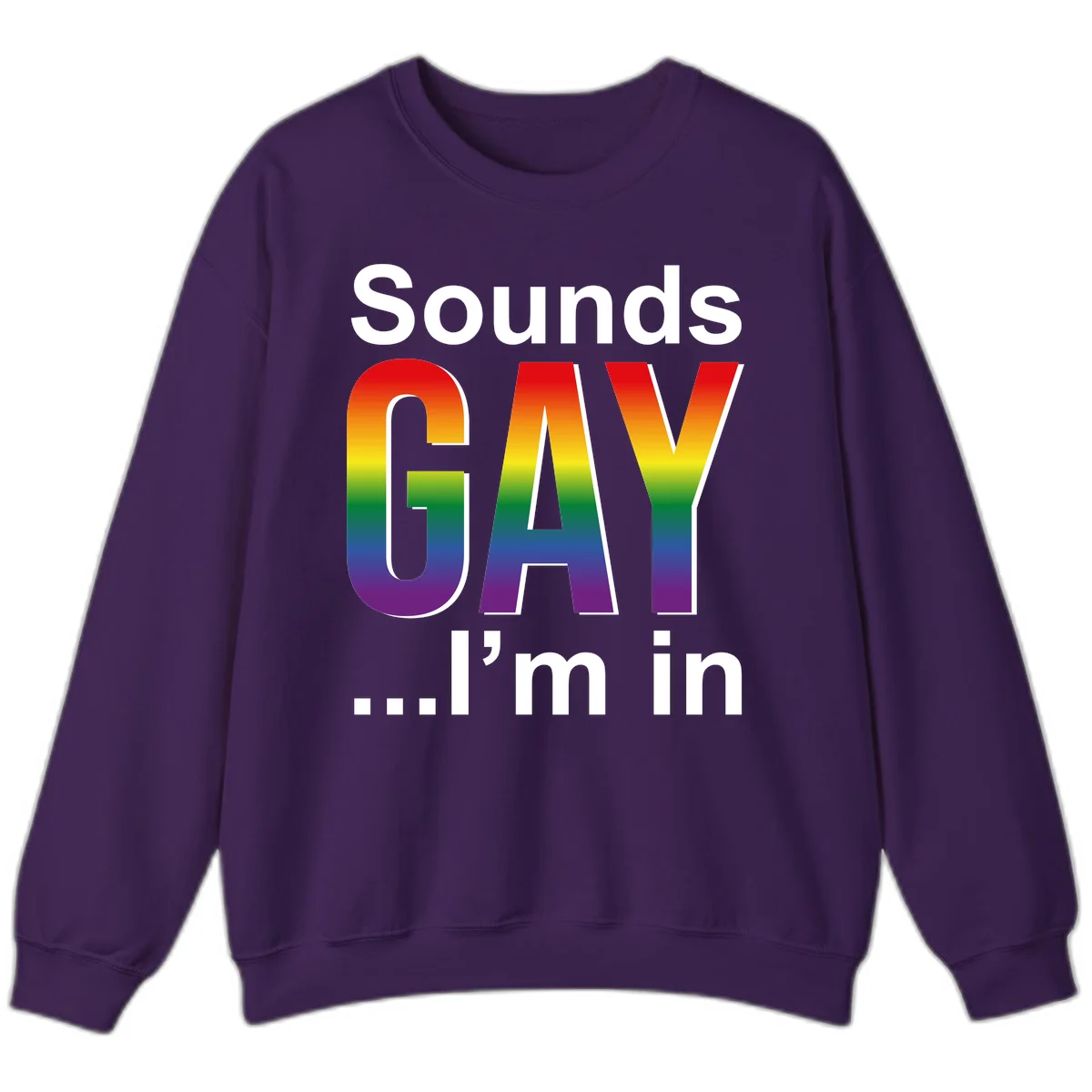 Sounds Gay I'm In design featuring large rainbow gradient letters spelling out the phrase against a gray background in Purple