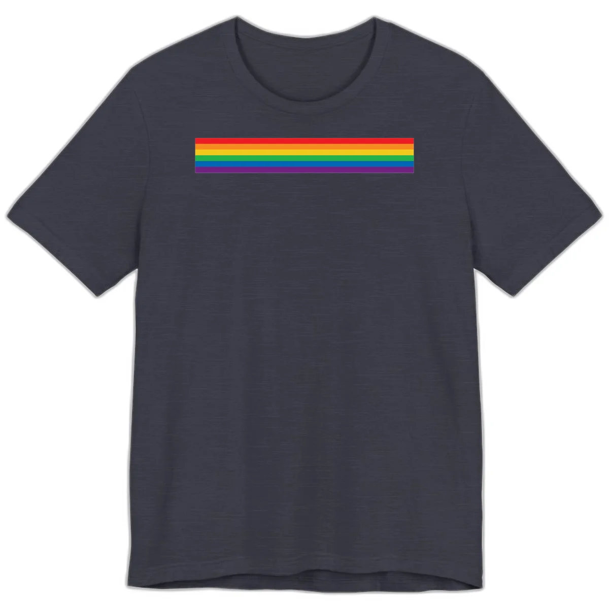 Rainbow pride flag with six horizontal stripes in red, orange, yellow, green, blue, and purple colors in Heather Midnight Navy