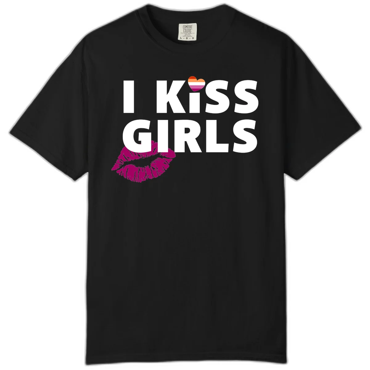 I Kiss Girls pride design with magenta lip print, rainbow heart, and bold white lettering celebrating lesbian identity in Black