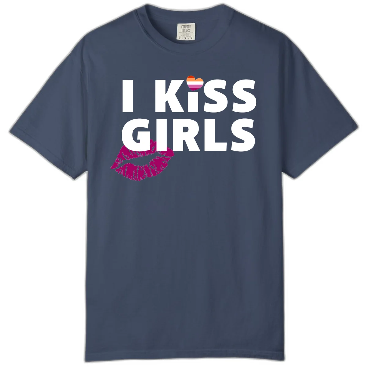 I Kiss Girls pride design with magenta lip print, rainbow heart, and bold white lettering celebrating lesbian identity in Midnight