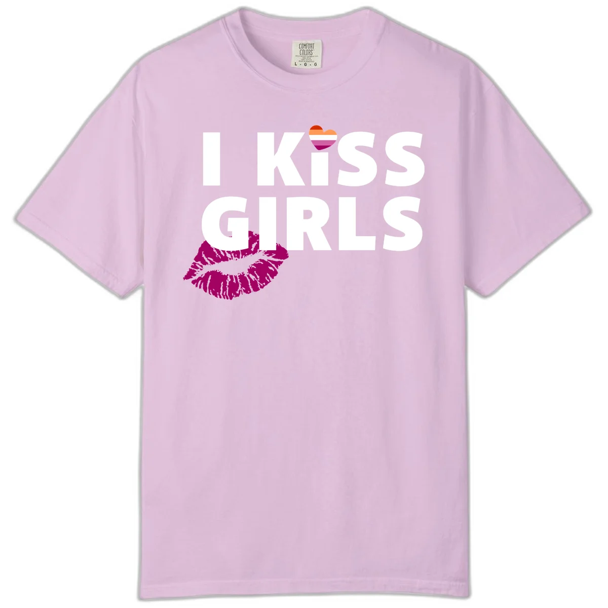 I Kiss Girls pride design with magenta lip print, rainbow heart, and bold white lettering celebrating lesbian identity in Orchid