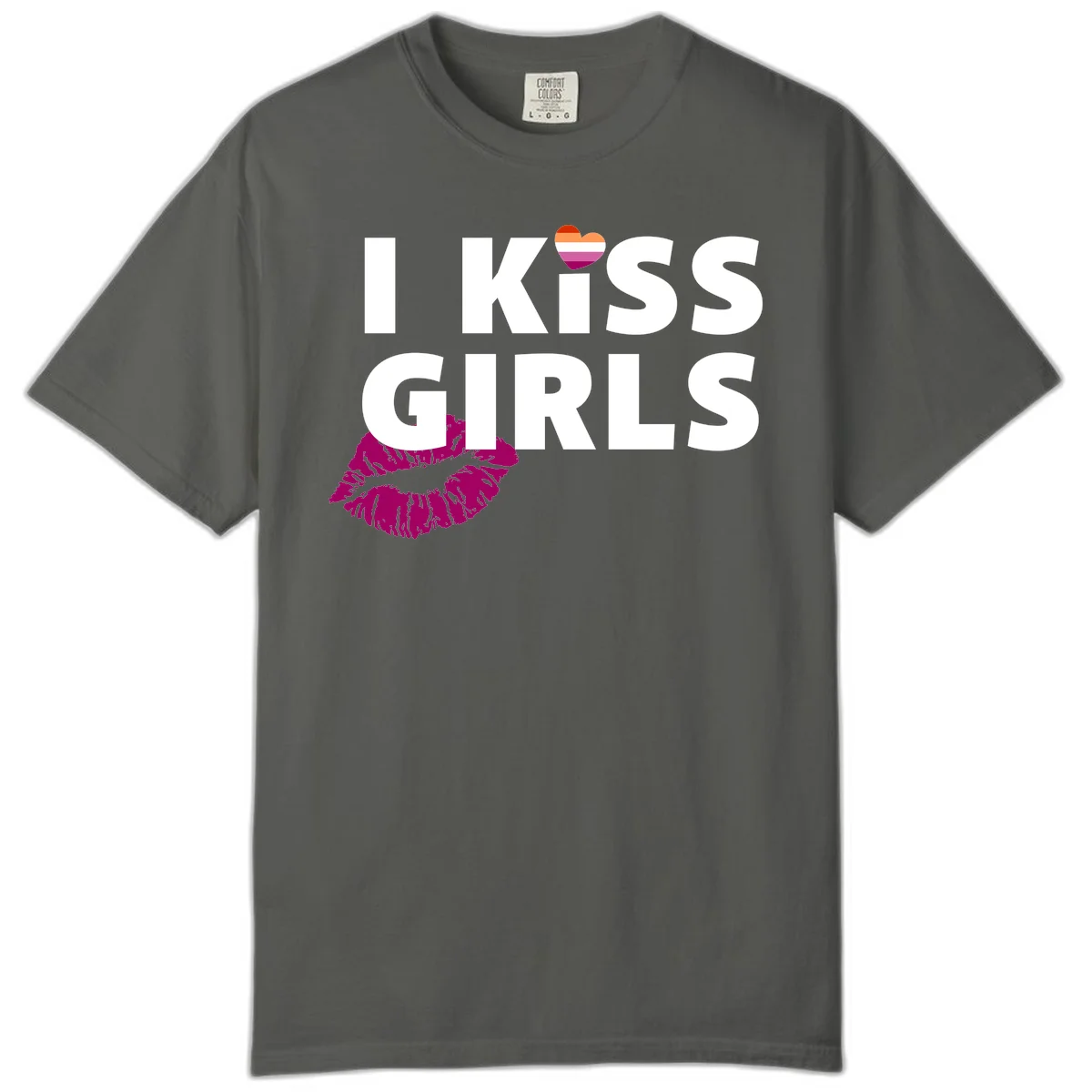 I Kiss Girls pride design with magenta lip print, rainbow heart, and bold white lettering celebrating lesbian identity in Pepper