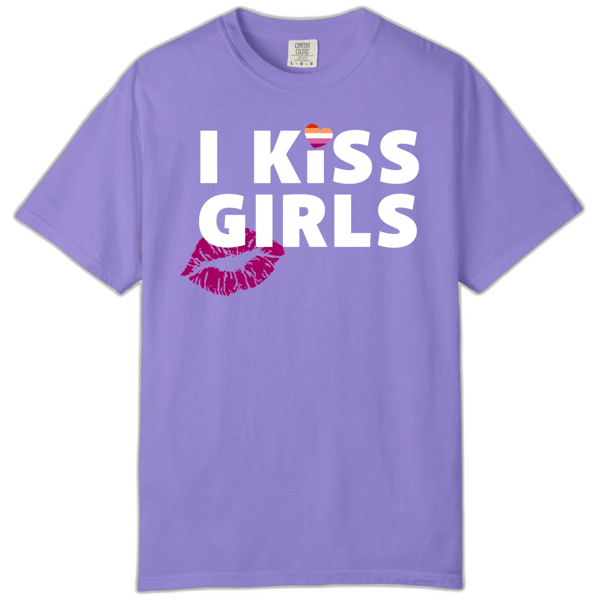 I Kiss Girls pride design with magenta lip print, rainbow heart, and bold white lettering celebrating lesbian identity in Violet