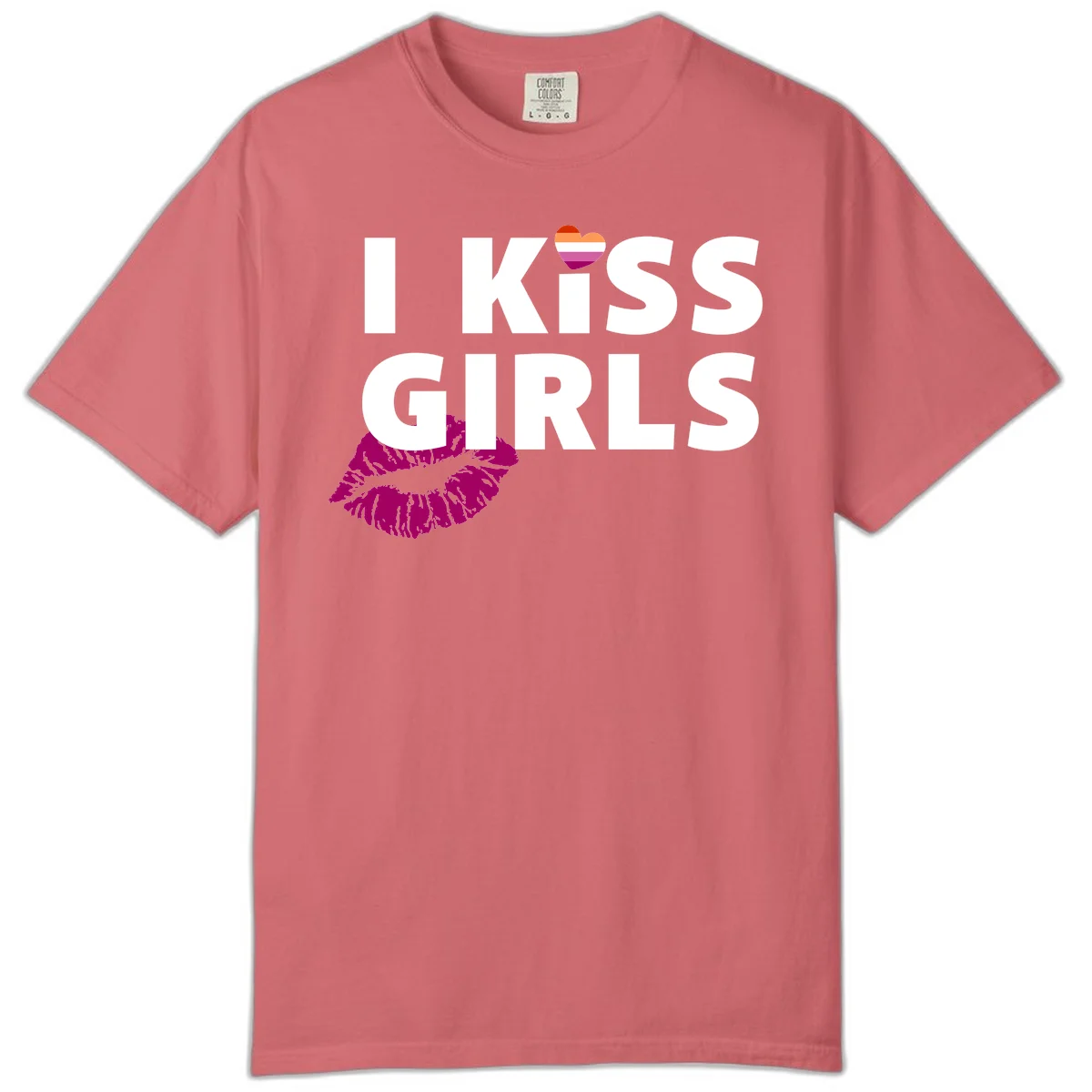 I Kiss Girls pride design with magenta lip print, rainbow heart, and bold white lettering celebrating lesbian identity in Watermelon