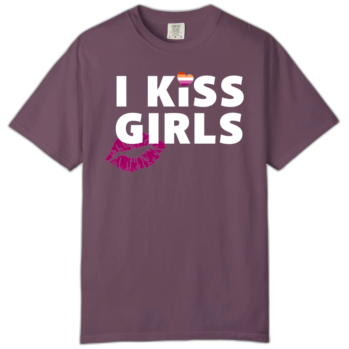 I Kiss Girls pride design with magenta lip print, rainbow heart, and bold white lettering celebrating lesbian identity in Berry