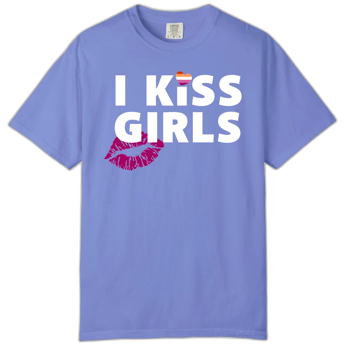 I Kiss Girls pride design with magenta lip print, rainbow heart, and bold white lettering celebrating lesbian identity in Flo Blue