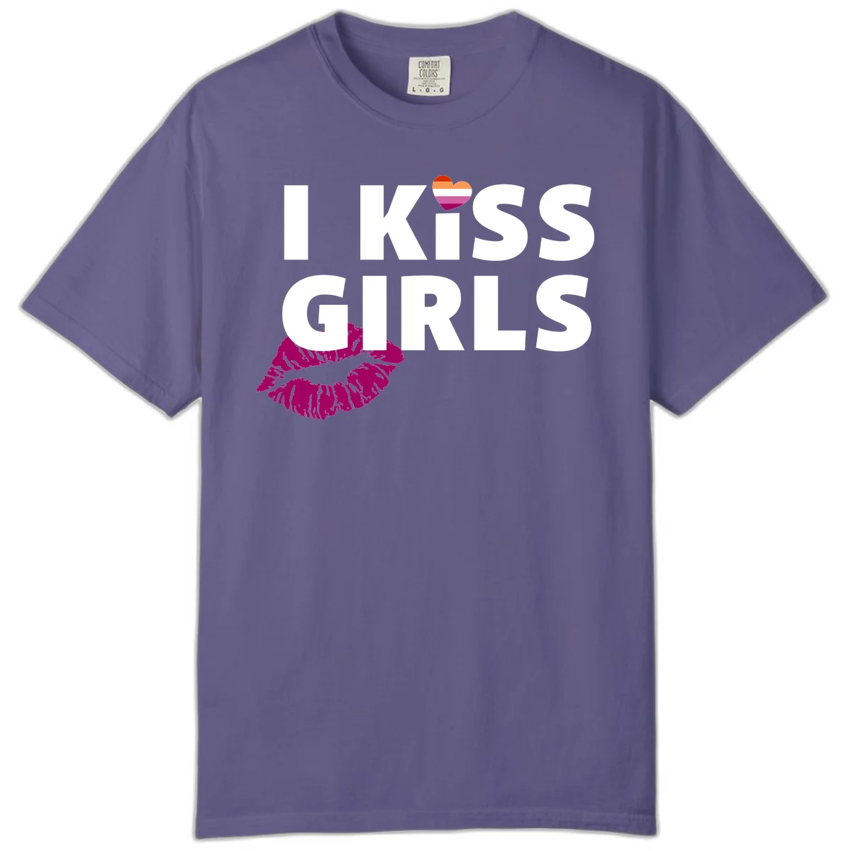 I Kiss Girls pride design with magenta lip print, rainbow heart, and bold white lettering celebrating lesbian identity in Grape