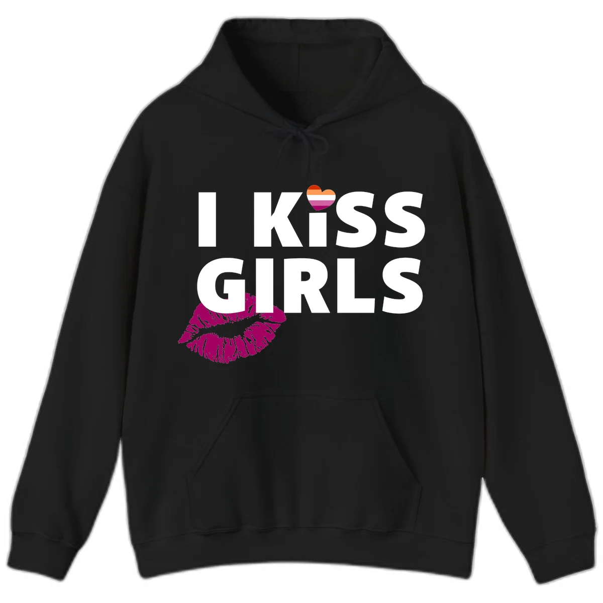 I Kiss Girls pride design with magenta lip print, rainbow heart, and bold white lettering celebrating lesbian identity in Black