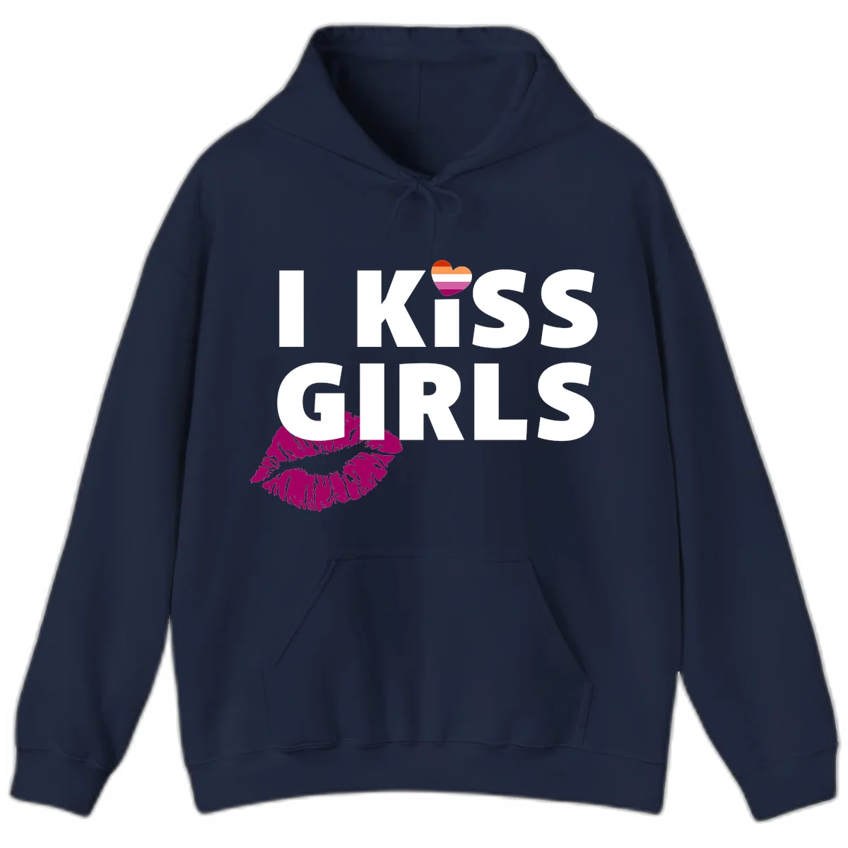I Kiss Girls pride design with magenta lip print, rainbow heart, and bold white lettering celebrating lesbian identity in Navy