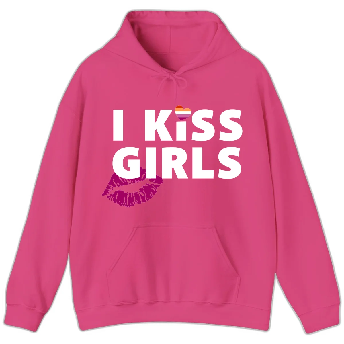 I Kiss Girls pride design with magenta lip print, rainbow heart, and bold white lettering celebrating lesbian identity in Heliconia