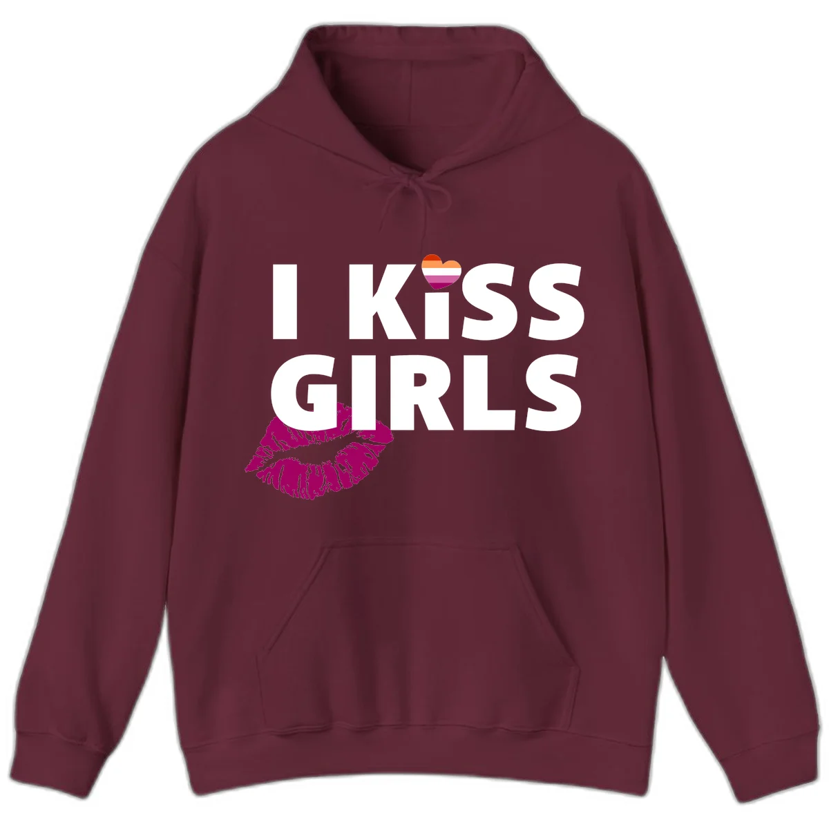 I Kiss Girls pride design with magenta lip print, rainbow heart, and bold white lettering celebrating lesbian identity in Maroon