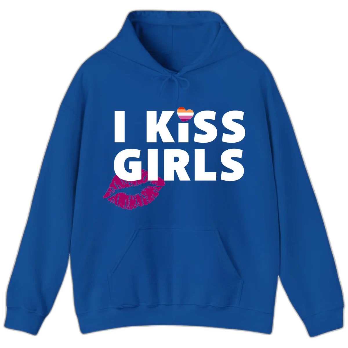 I Kiss Girls pride design with magenta lip print, rainbow heart, and bold white lettering celebrating lesbian identity in Royal