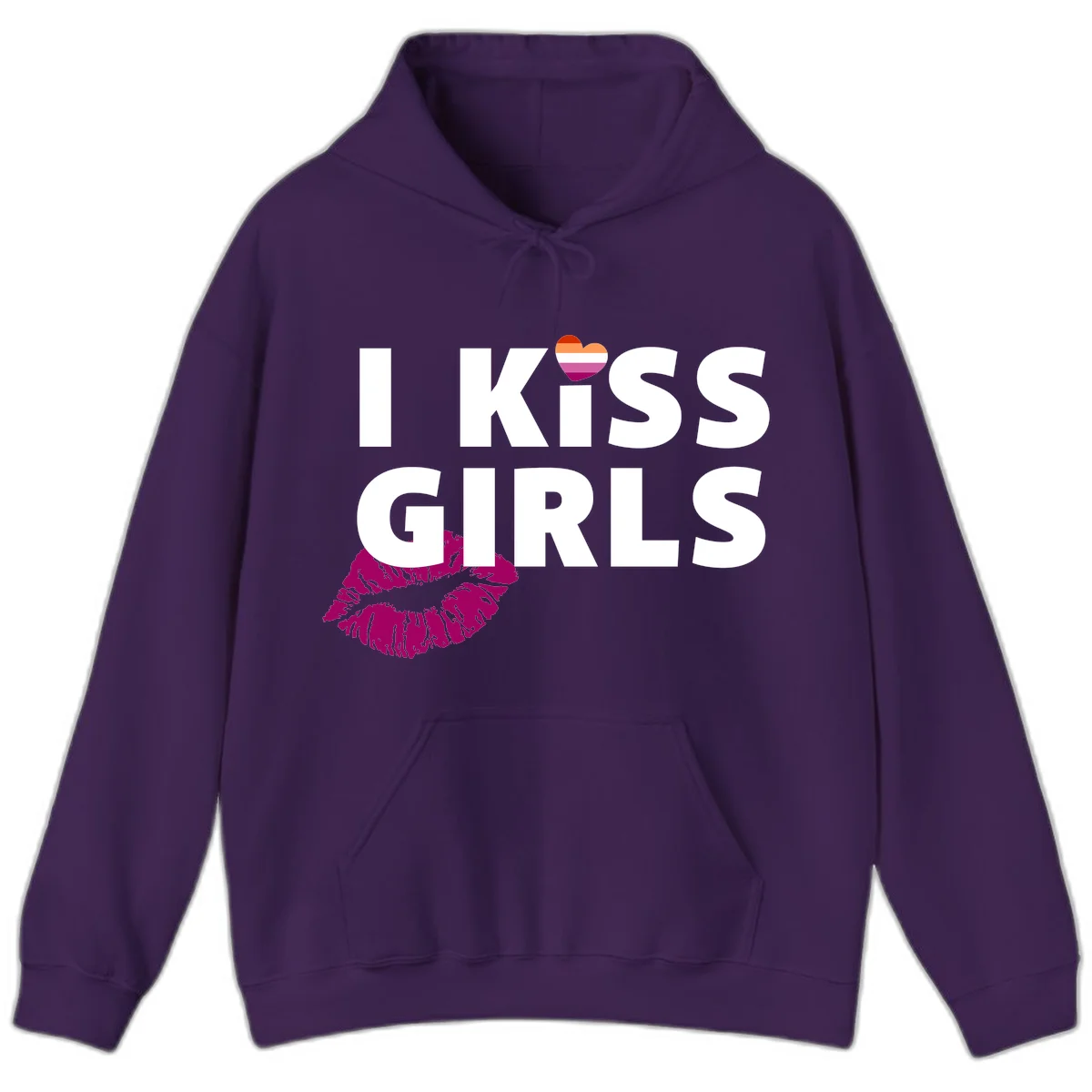 I Kiss Girls pride design with magenta lip print, rainbow heart, and bold white lettering celebrating lesbian identity in Purple