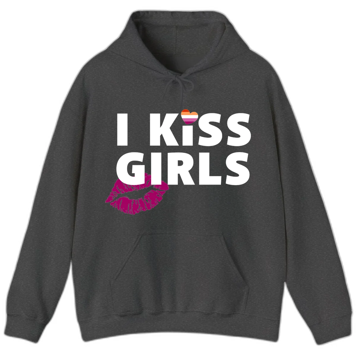 I Kiss Girls pride design with magenta lip print, rainbow heart, and bold white lettering celebrating lesbian identity in Dark Heather