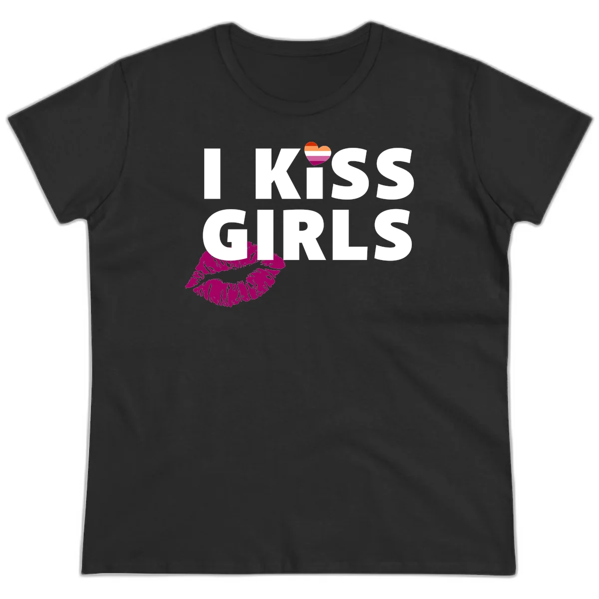 I Kiss Girls pride design with magenta lip print, rainbow heart, and bold white lettering celebrating lesbian identity in Black