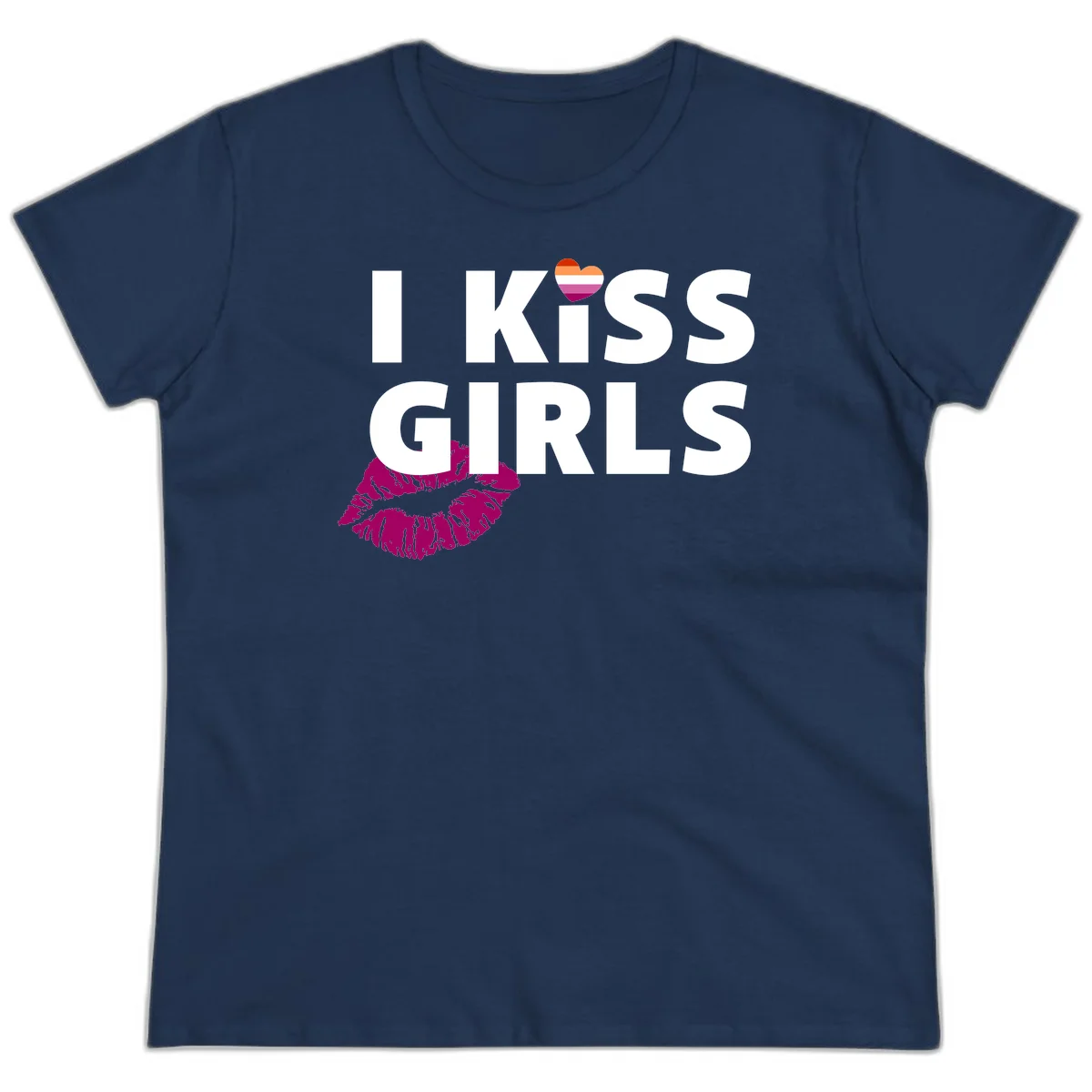 I Kiss Girls pride design with magenta lip print, rainbow heart, and bold white lettering celebrating lesbian identity in Navy