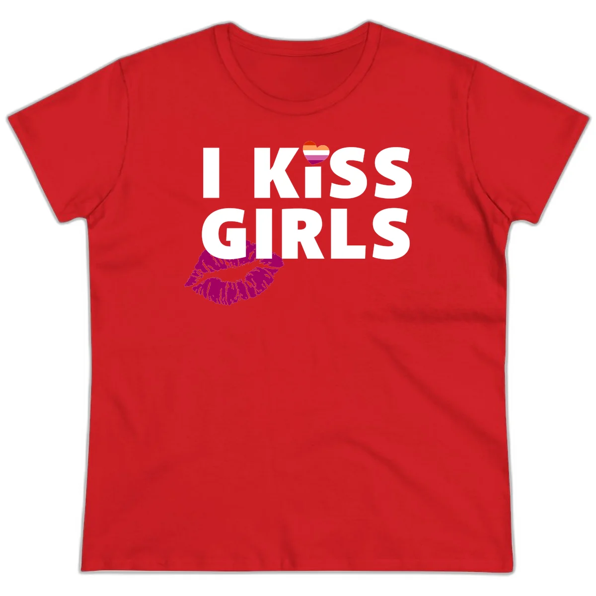 I Kiss Girls pride design with magenta lip print, rainbow heart, and bold white lettering celebrating lesbian identity in Red