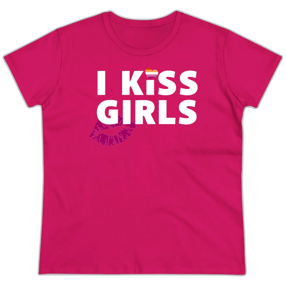 I Kiss Girls pride design with magenta lip print, rainbow heart, and bold white lettering celebrating lesbian identity in Heliconia
