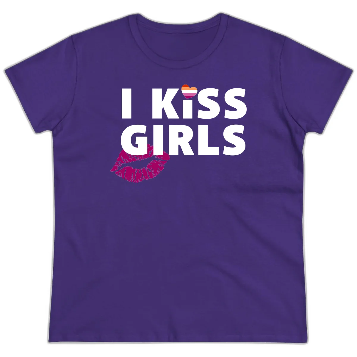 I Kiss Girls pride design with magenta lip print, rainbow heart, and bold white lettering celebrating lesbian identity in Purple