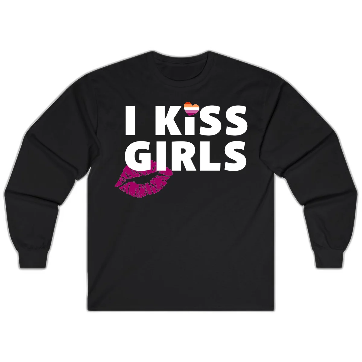 I Kiss Girls pride design with magenta lip print, rainbow heart, and bold white lettering celebrating lesbian identity in Black