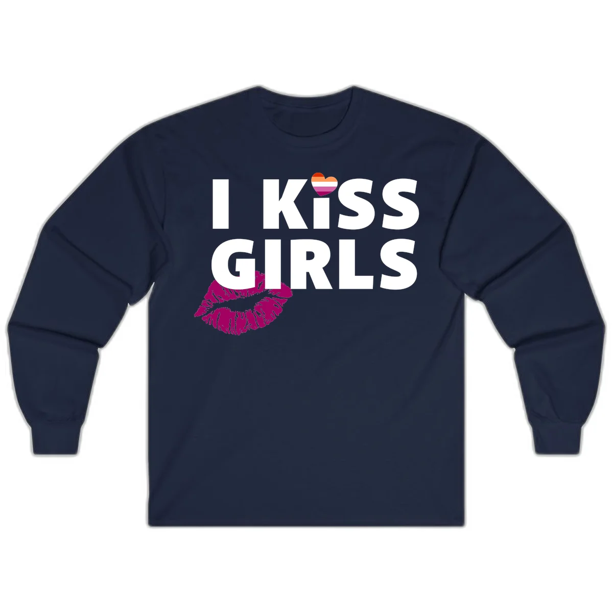 I Kiss Girls pride design with magenta lip print, rainbow heart, and bold white lettering celebrating lesbian identity in Navy