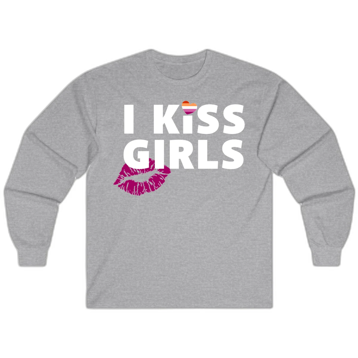 I Kiss Girls pride design with magenta lip print, rainbow heart, and bold white lettering celebrating lesbian identity in Sport Grey