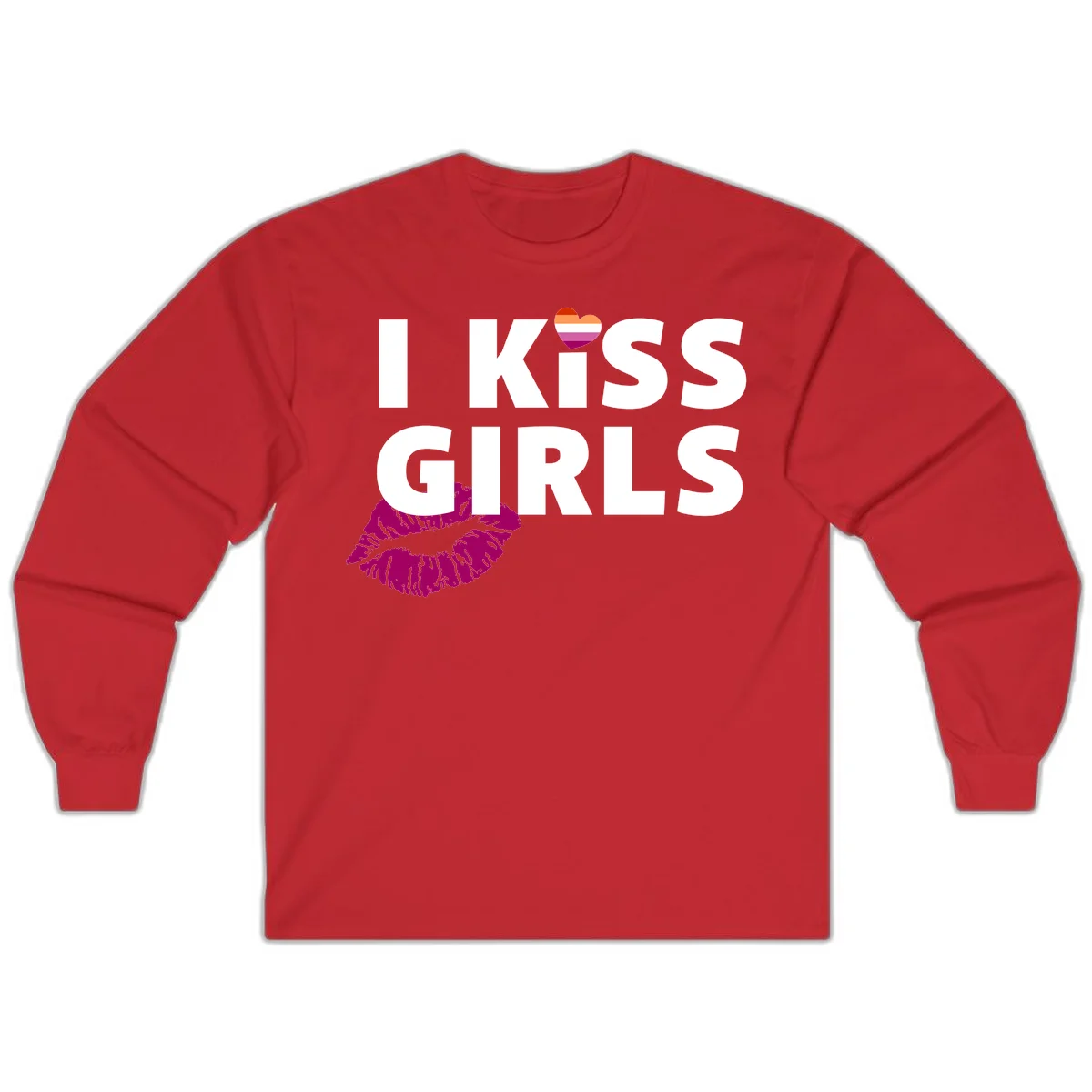 I Kiss Girls pride design with magenta lip print, rainbow heart, and bold white lettering celebrating lesbian identity in Red
