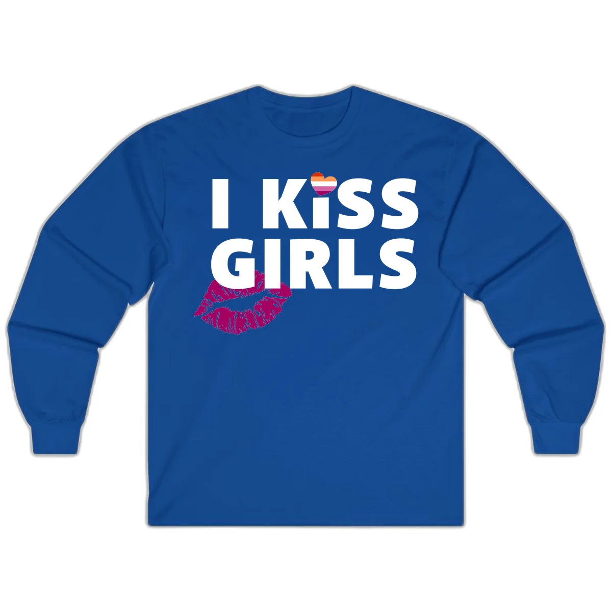 I Kiss Girls pride design with magenta lip print, rainbow heart, and bold white lettering celebrating lesbian identity in Royal