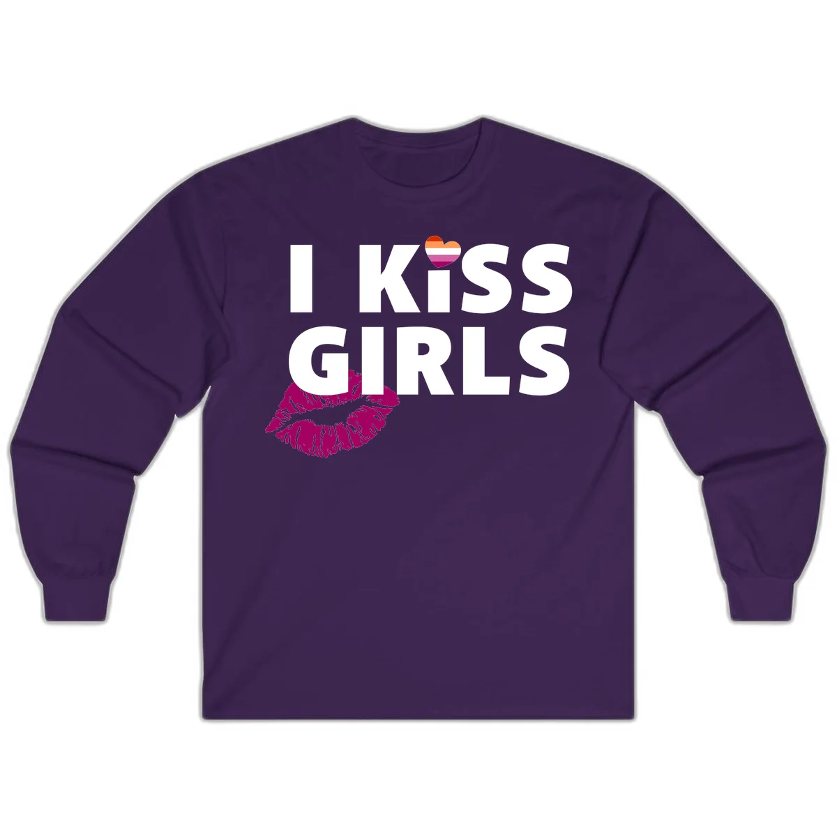 I Kiss Girls pride design with magenta lip print, rainbow heart, and bold white lettering celebrating lesbian identity in Purple