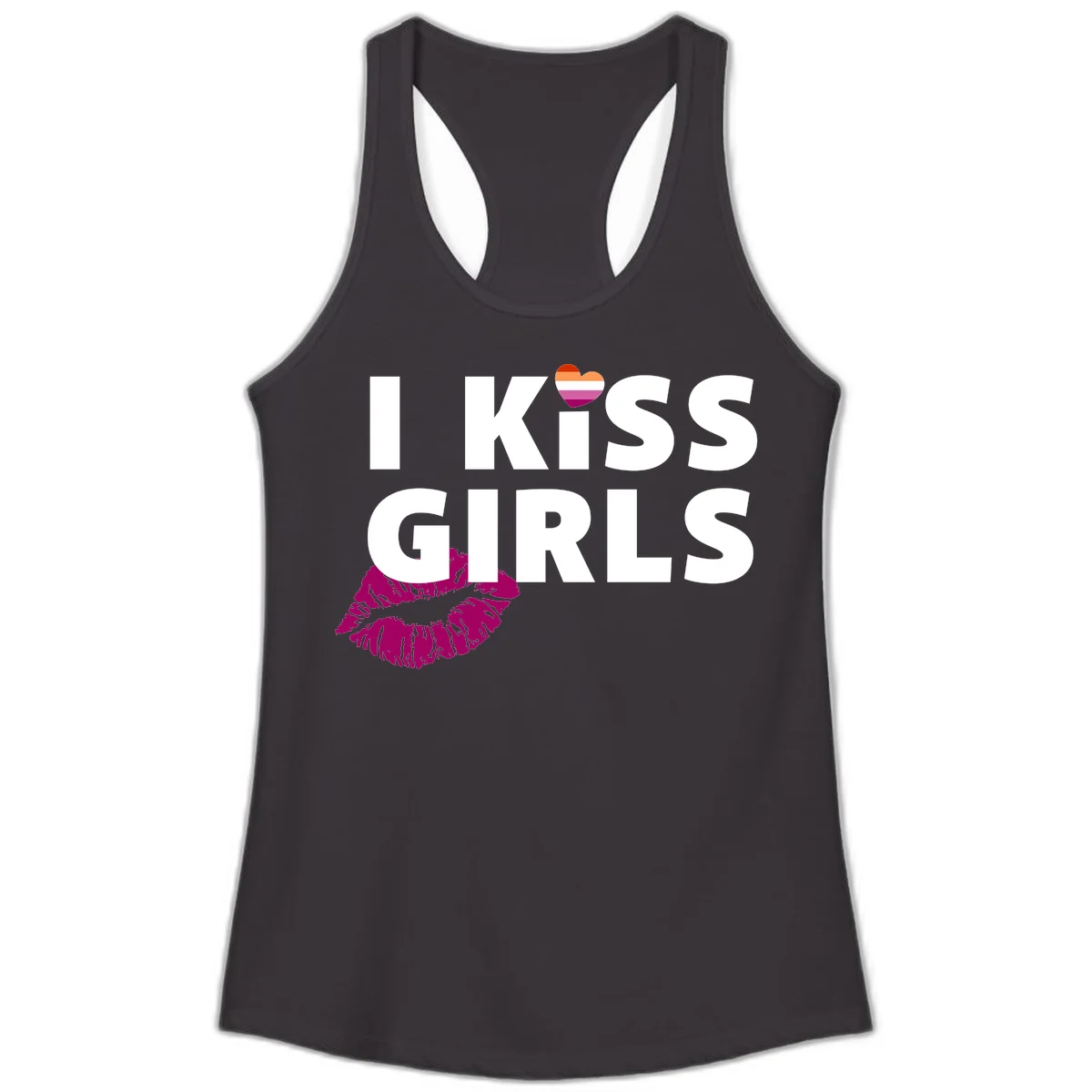 I Kiss Girls pride design with magenta lip print, rainbow heart, and bold white lettering celebrating lesbian identity in Black