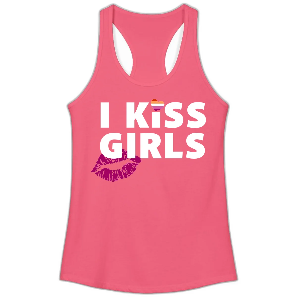 I Kiss Girls pride design with magenta lip print, rainbow heart, and bold white lettering celebrating lesbian identity in Hot Pink