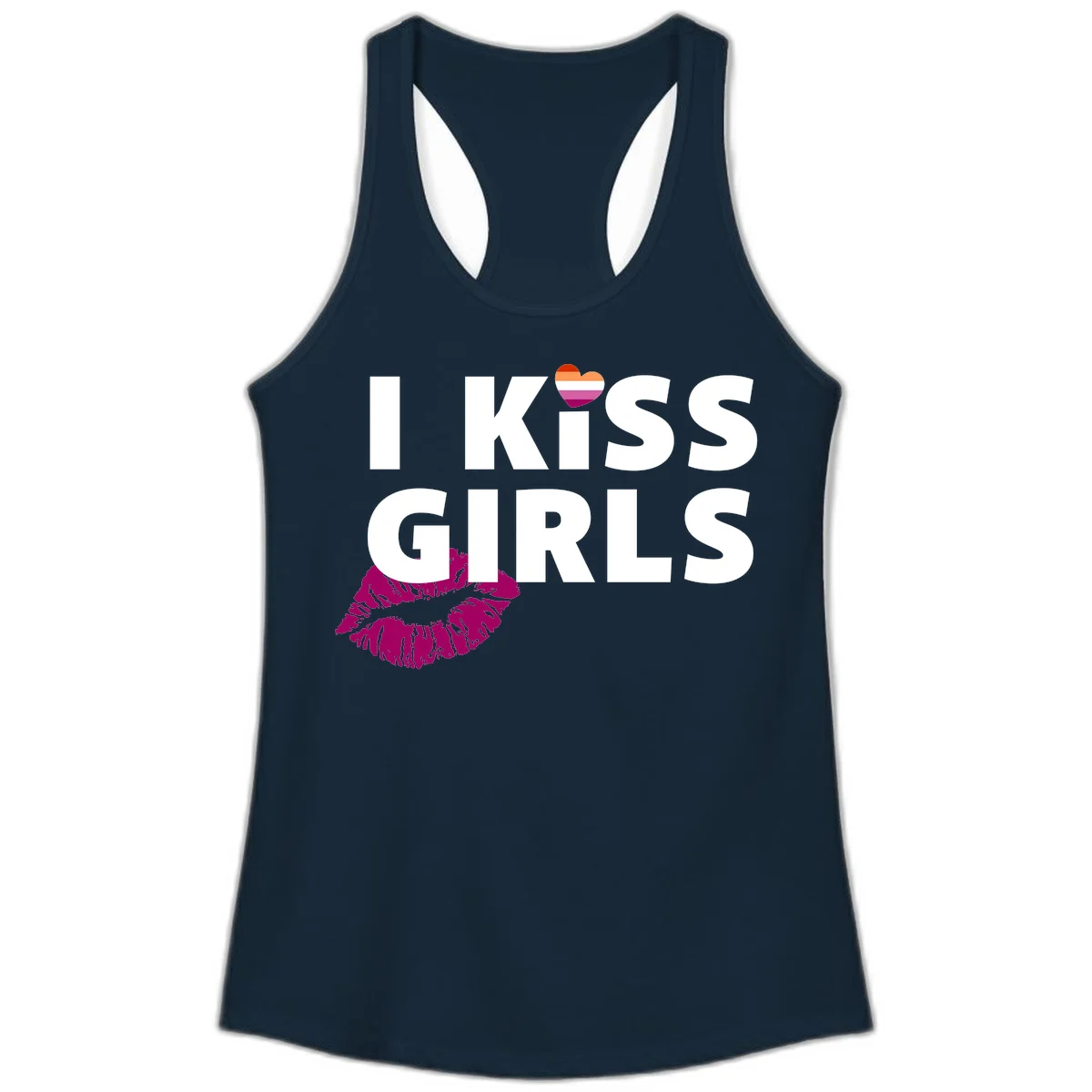 I Kiss Girls pride design with magenta lip print, rainbow heart, and bold white lettering celebrating lesbian identity in Solid Midnight Navy