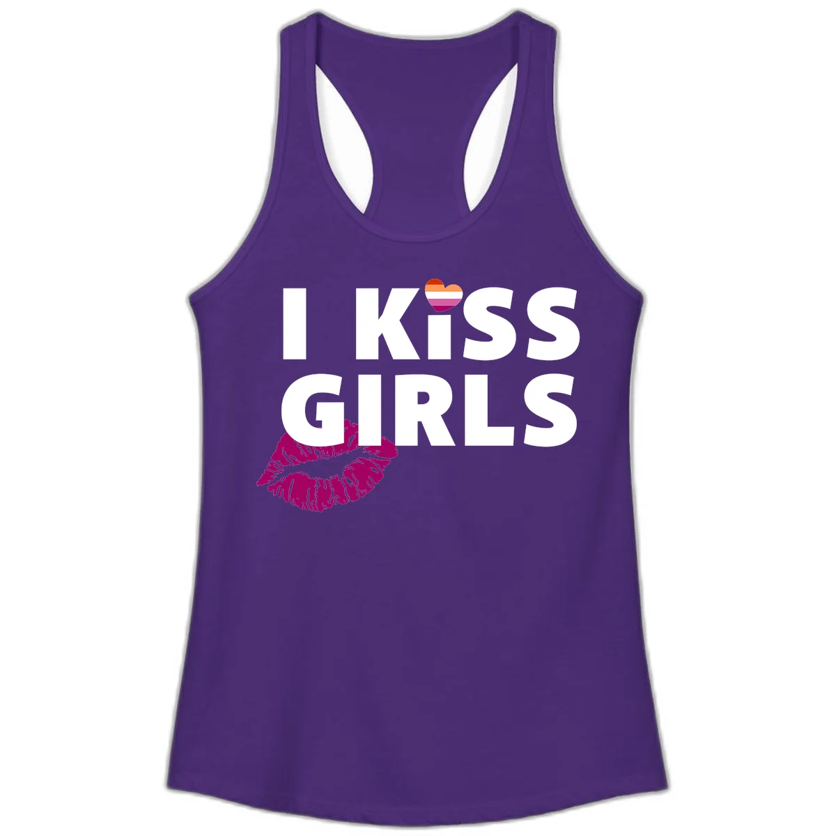 I Kiss Girls pride design with magenta lip print, rainbow heart, and bold white lettering celebrating lesbian identity in Solid Purple Rush