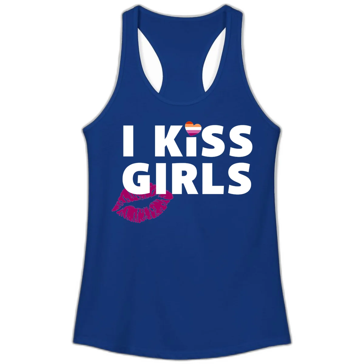 I Kiss Girls pride design with magenta lip print, rainbow heart, and bold white lettering celebrating lesbian identity in Solid Royal