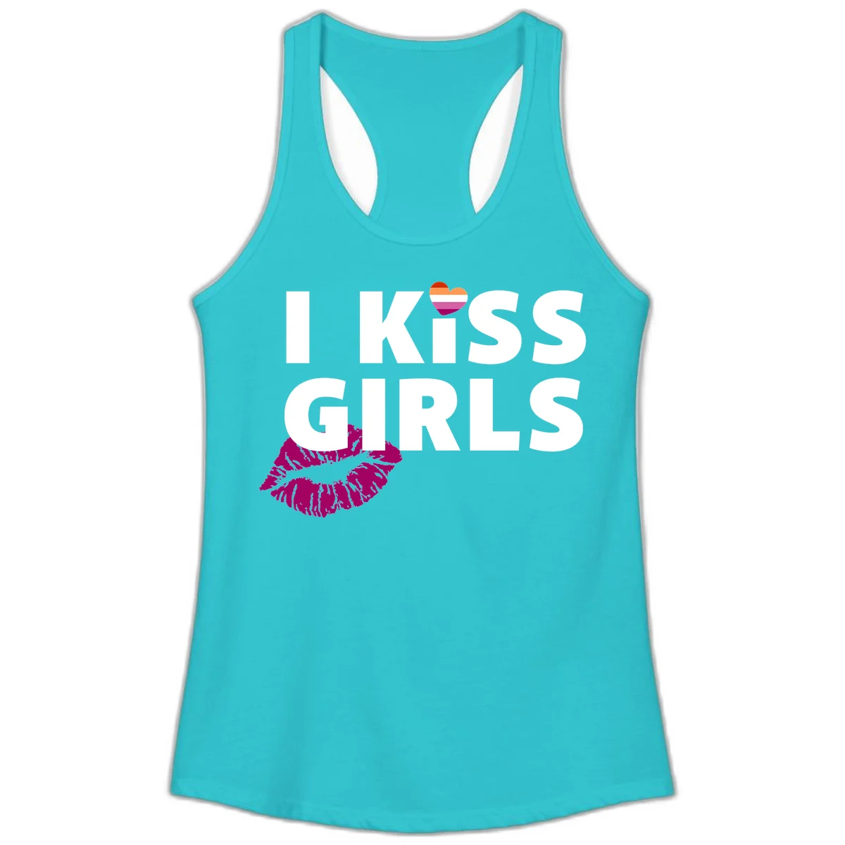 I Kiss Girls pride design with magenta lip print, rainbow heart, and bold white lettering celebrating lesbian identity in Solid Tahiti Blue