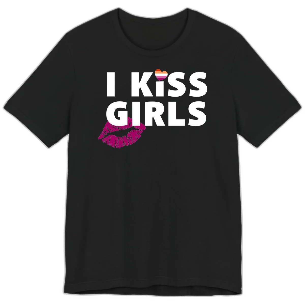 I Kiss Girls pride design with magenta lip print, rainbow heart, and bold white lettering celebrating lesbian identity in Black